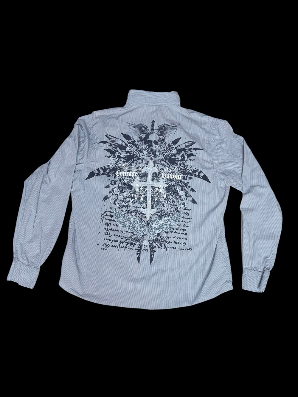 MMA Elite Y2K Striped Gothic Skull Cross Button Up Long Sleeve Shirt